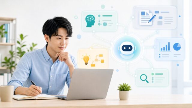 ノートパソコンで作業する会社員が複数の生成AIアシスタントを使って文章作成を進めているイラスト