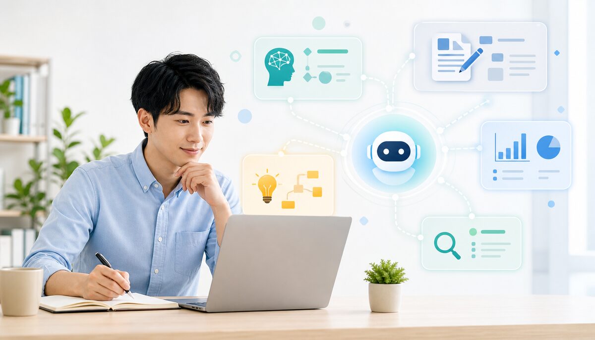 ノートパソコンで作業する会社員が複数の生成AIアシスタントを使って文章作成を進めているイラスト