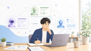ノートパソコンで複数のAIアシスタントを比較しながら業務に活用する会社員のイメージ