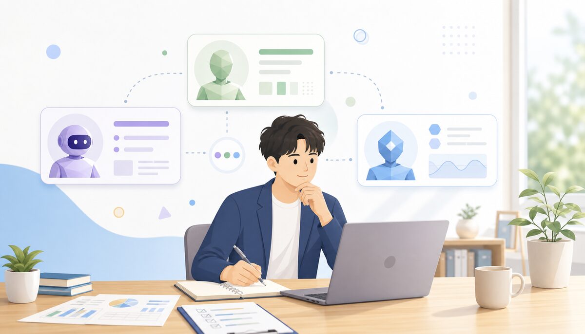 ノートパソコンで複数のAIアシスタントを比較しながら業務に活用する会社員のイメージ