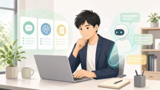 ノートパソコンで複数の生成AIツールを比較しながら業務に活用する会社員のイメージ