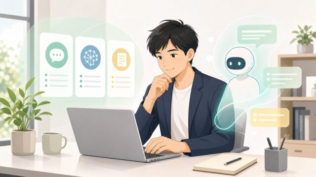 ノートパソコンで複数の生成AIツールを比較しながら業務に活用する会社員のイメージ