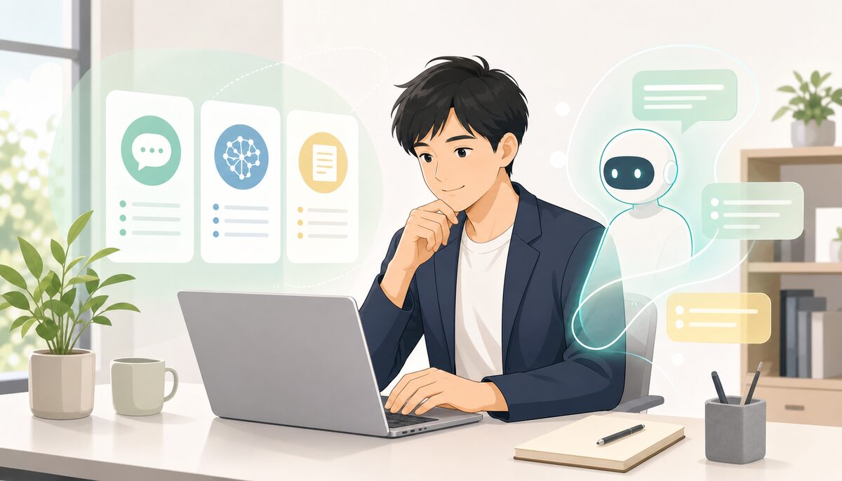 ノートパソコンで複数の生成AIツールを比較しながら業務に活用する会社員のイメージ
