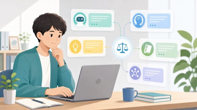 ノートパソコンで複数のAIアシスタントを比較しながら業務に活用する会社員のイメージ