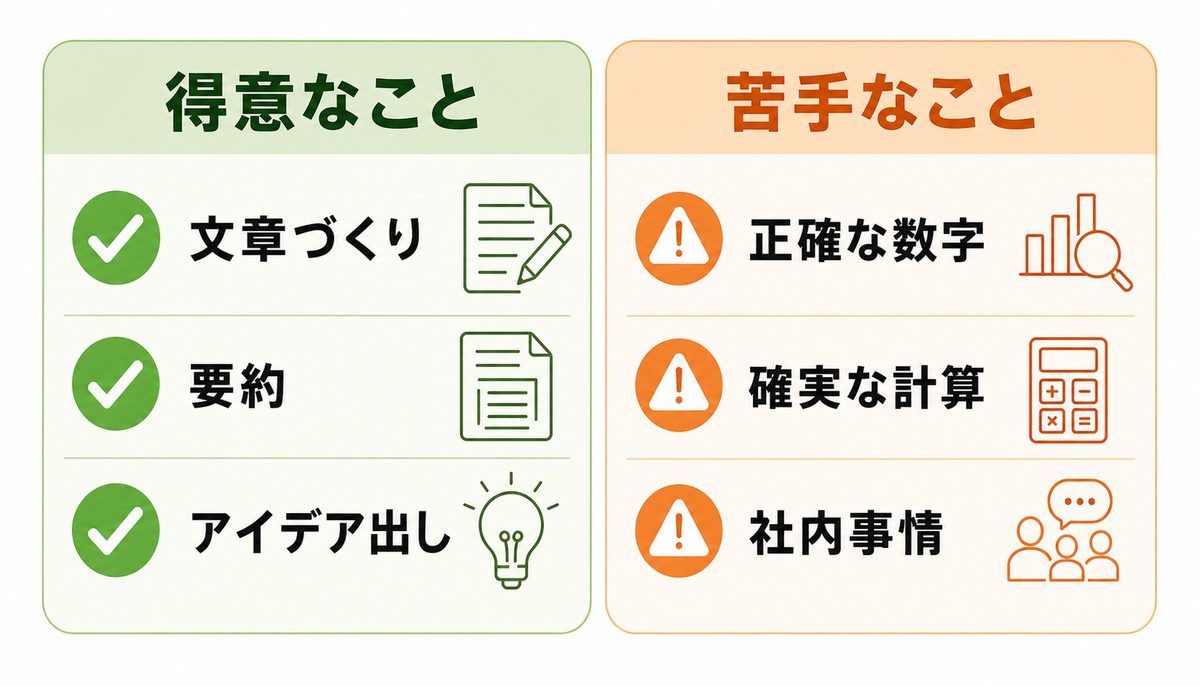 生成AIが得意な文章作業と苦手な正確な事実・計算を比較した図解