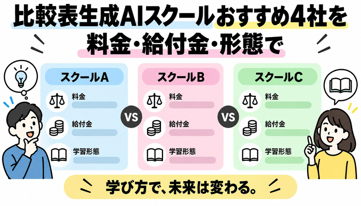 【比較表】生成AIスクールおすすめ4社を料金・給付金・形態で比較