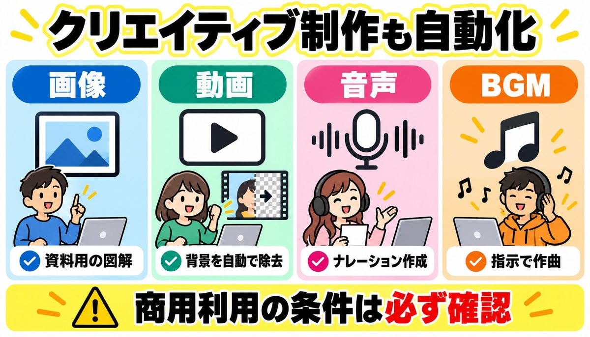 クリエイティブ制作も自動化｜画像・動画・音声・BGM、商用利用の条件は確認